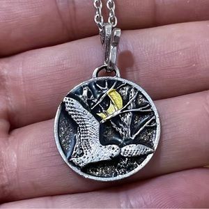 $2/$25 or 3/$35 NWOT Owl fly by night silver and black engraved circular pendant